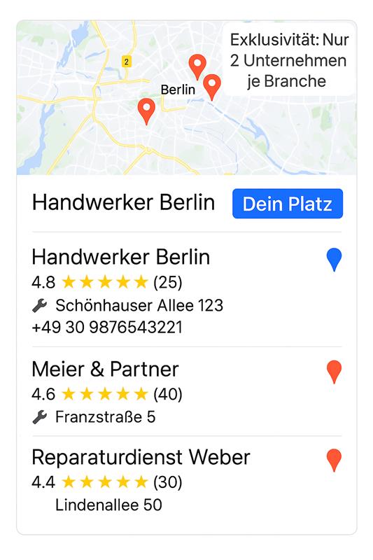 Darstellung der Google Maps Local Pack Ergebnisse für die Suche nach Handwerker Berlin. Drei Unternehmen werden unter der Karte gelistet, wobei ein Eintrag mit dem Hinweis ‚Ihr Platz‘ hervorgehoben ist. Am unteren Rand steht der Hinweis Exklusivität: Nur 2 Unternehmen pro Branche