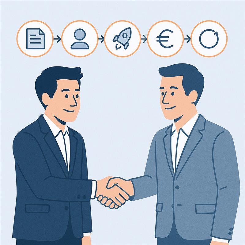 Zwei Geschäftspartner geben sich die Hand, über ihnen Symbole für Anfrage, Auswahl, Start, Pauschale und Flexibilität als Prozessdarstellung