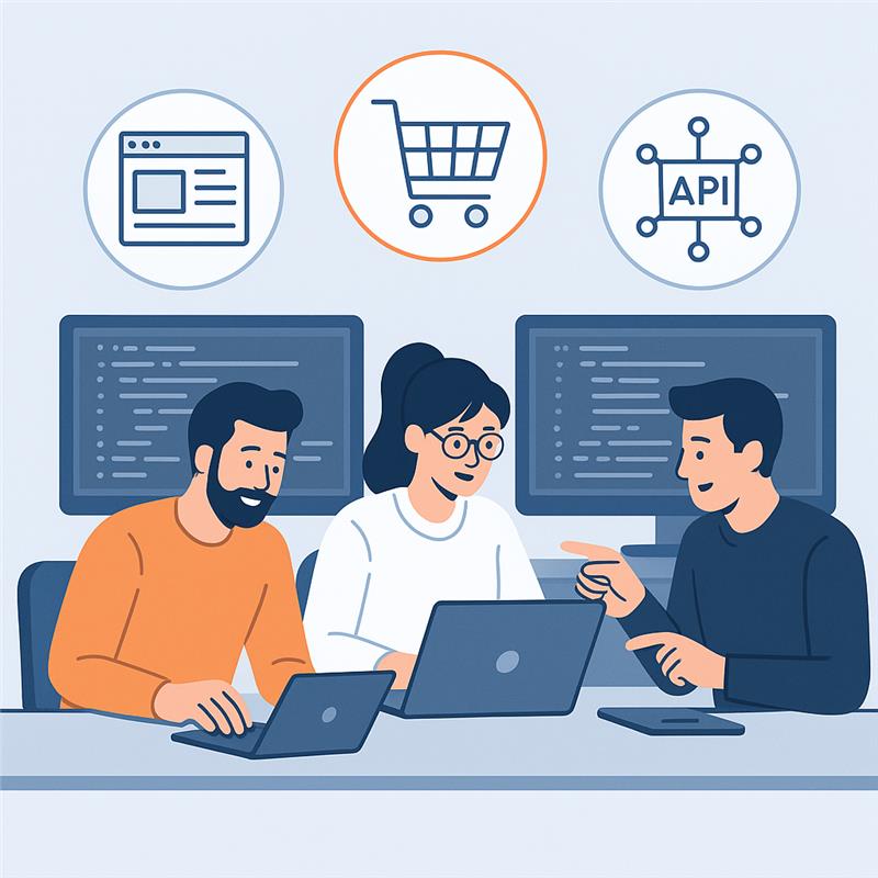 Drei Entwickler arbeiten gemeinsam an Laptops, Symbole für Webseite, Warenkorb und API stehen für Webentwicklung, Online-Shops und Programmierung