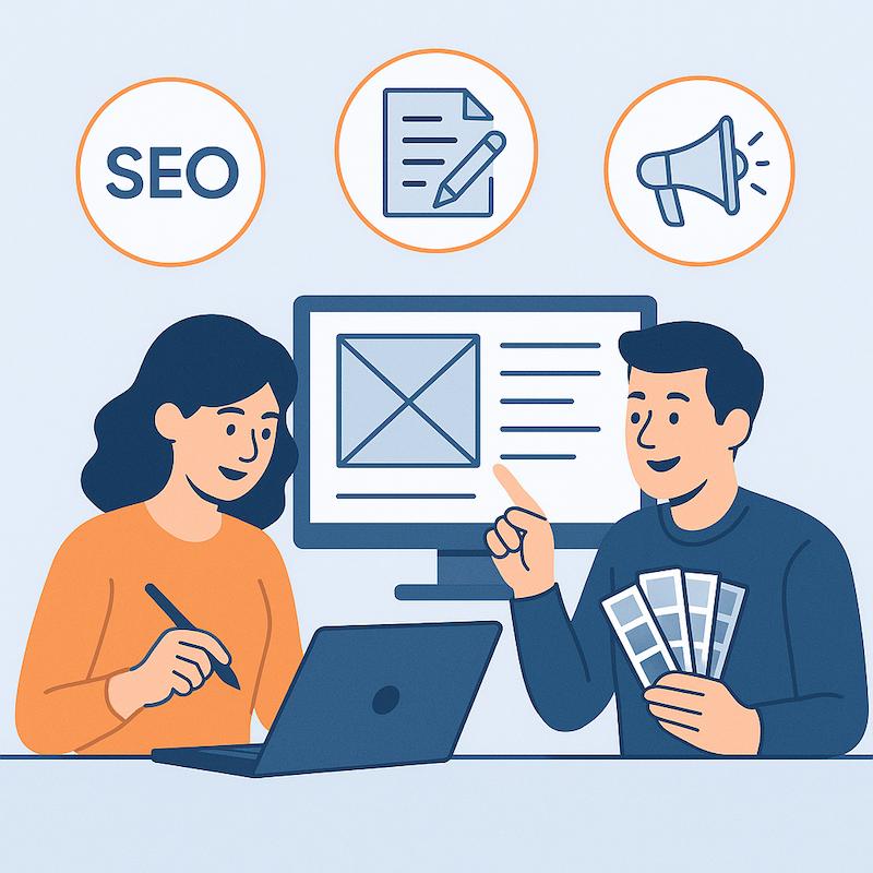 Eine Designerin arbeitet am Grafiktablet, ein Kollege hält Farbfächer und zeigt auf Wireframes, darüber Symbole für SEO, Textproduktion und Marketing