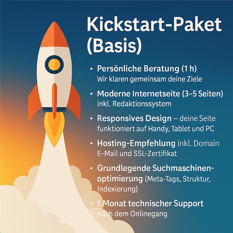 Grafik zum Kickstart-Paket (Basis): Rakete startet, daneben Angebotsliste mit Leistungen – persönliche Beratung, moderne Internetseite, responsives Design, Hosting-Empfehlung, Grund-SEO und technischer Support